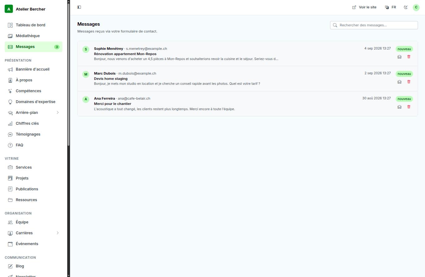 The Messages screen: sender, subject, excerpt, date, and a new badge.